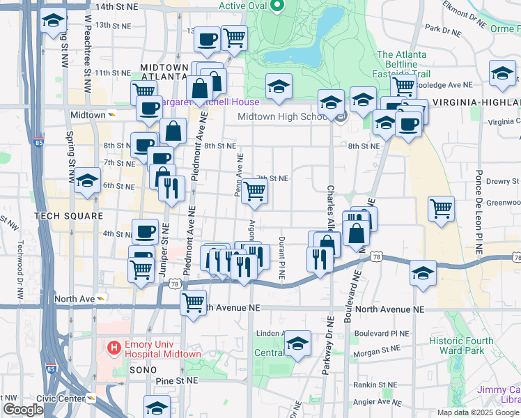 map of restaurants, bars, coffee shops, grocery stores, and more near 822 Glendale Terrace Northeast in Atlanta
