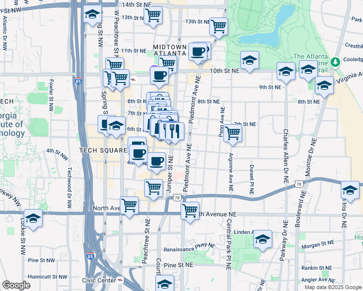 map of restaurants, bars, coffee shops, grocery stores, and more near 802 Piedmont Way Northeast in Atlanta