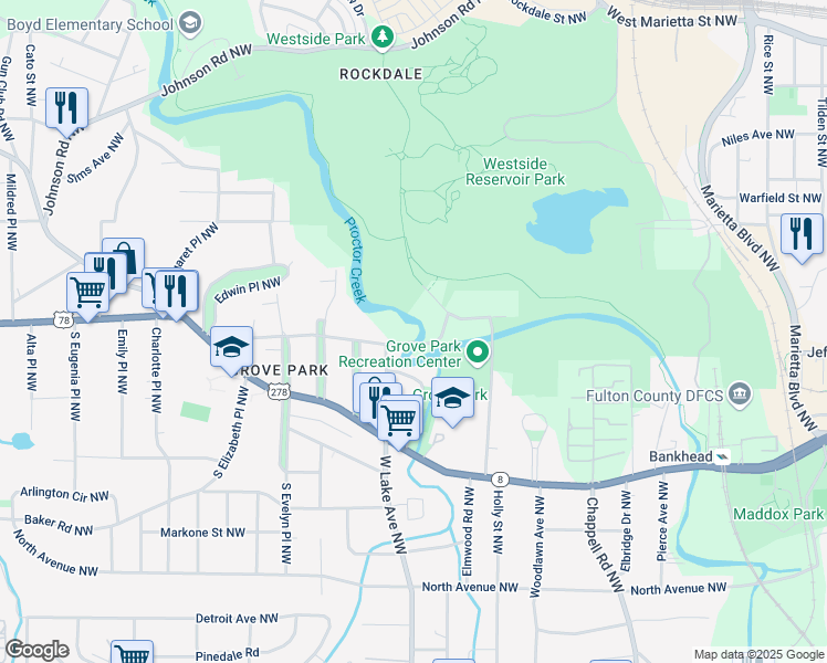 map of restaurants, bars, coffee shops, grocery stores, and more near 1593 Hortense Place Northwest in Atlanta