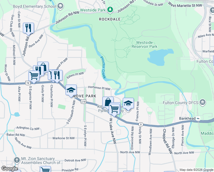 map of restaurants, bars, coffee shops, grocery stores, and more near 1705 Hortense Place Northwest in Atlanta