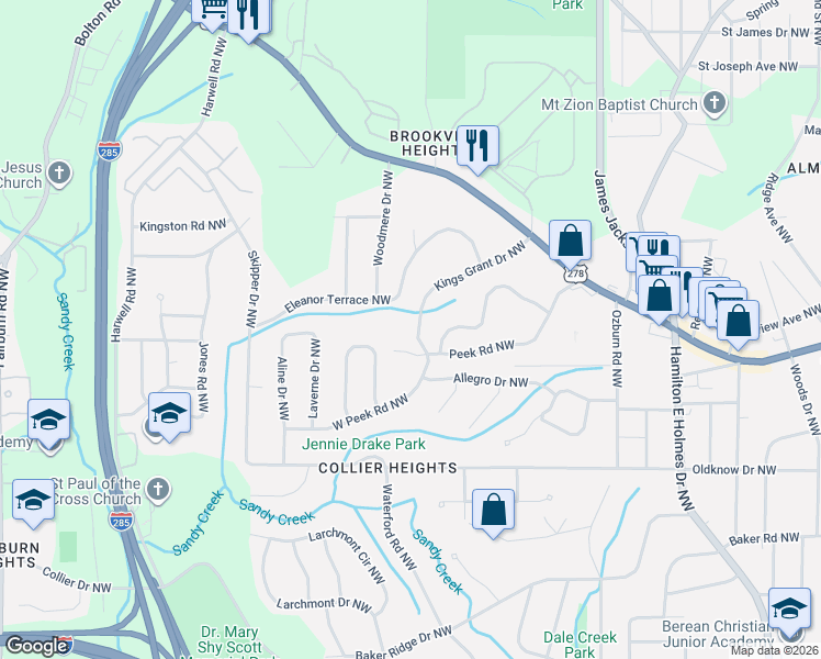 map of restaurants, bars, coffee shops, grocery stores, and more near 2970-3016 Eleanor Terrace Northwest in Atlanta