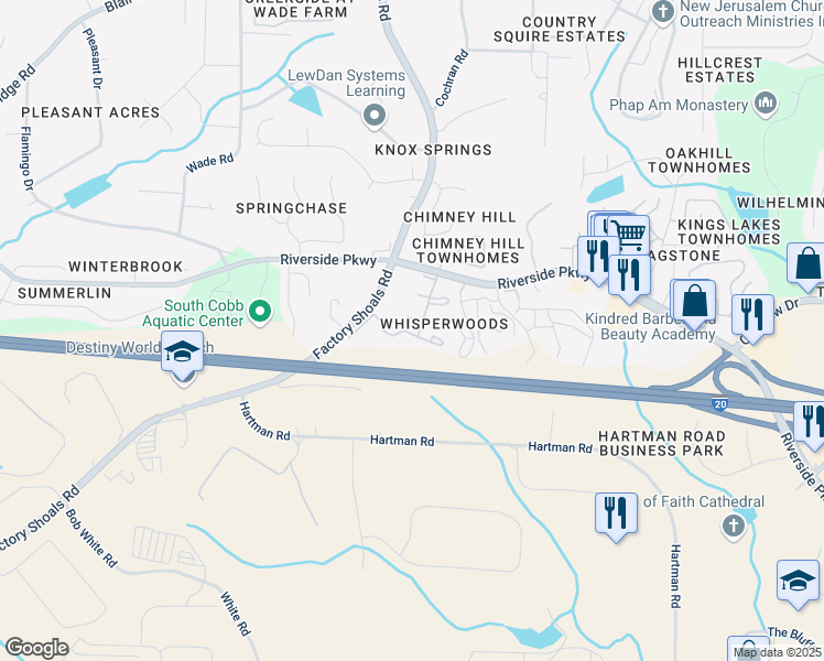 map of restaurants, bars, coffee shops, grocery stores, and more near 645 Whisper Lane in Austell