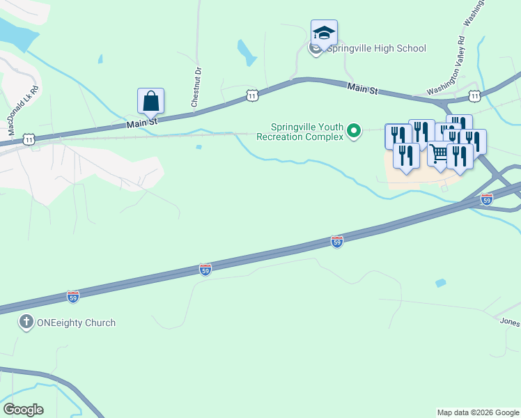 map of restaurants, bars, coffee shops, grocery stores, and more near in Springville
