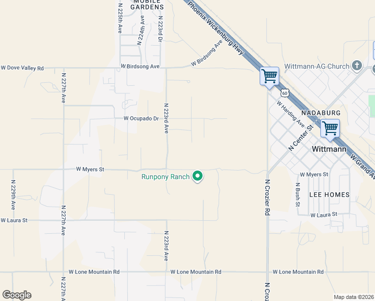 map of restaurants, bars, coffee shops, grocery stores, and more near 32419 North 222nd Avenue in Wittmann