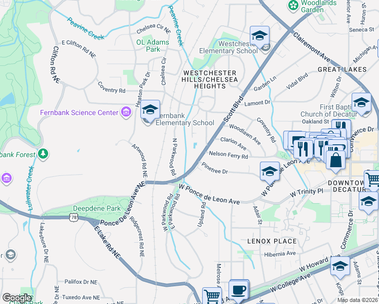 map of restaurants, bars, coffee shops, grocery stores, and more near 510 Coventry Road in Decatur