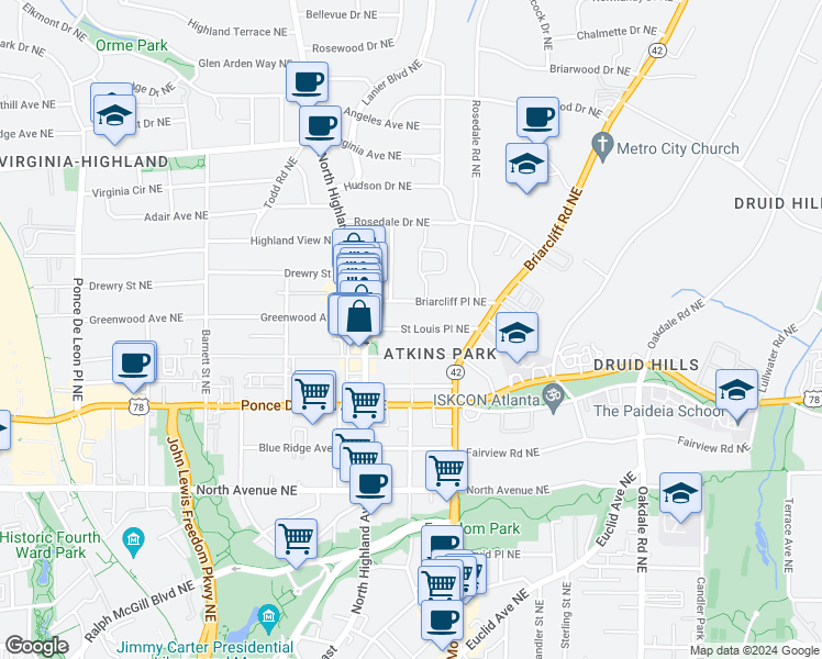 map of restaurants, bars, coffee shops, grocery stores, and more near St Louis Pl NE in Atlanta