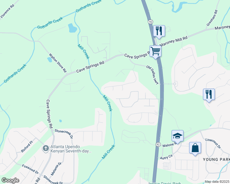 map of restaurants, bars, coffee shops, grocery stores, and more near 7392 Elm Ridge Court in Douglasville