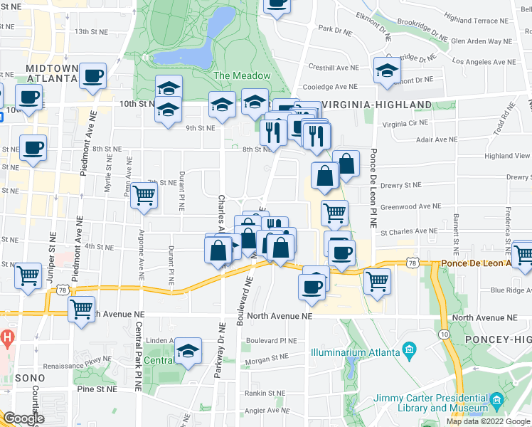 map of restaurants, bars, coffee shops, grocery stores, and more near 799 Monroe Drive Northeast in Atlanta