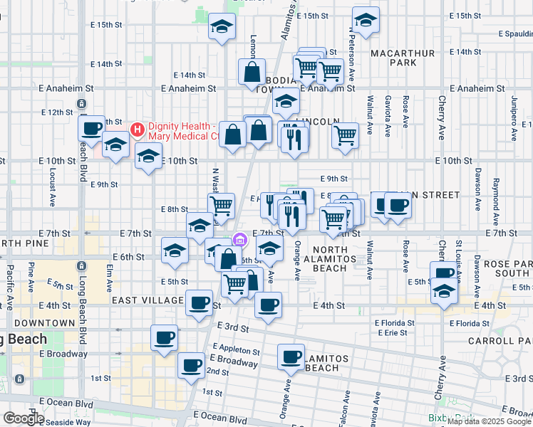 map of restaurants, bars, coffee shops, grocery stores, and more near 751 Cerritos Avenue in Long Beach