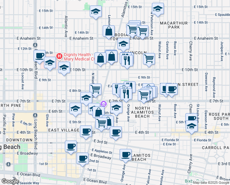 map of restaurants, bars, coffee shops, grocery stores, and more near 23 North San Pablo Court in Long Beach
