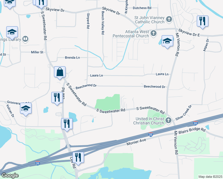 map of restaurants, bars, coffee shops, grocery stores, and more near 3138 Beechwood Drive in Lithia Springs