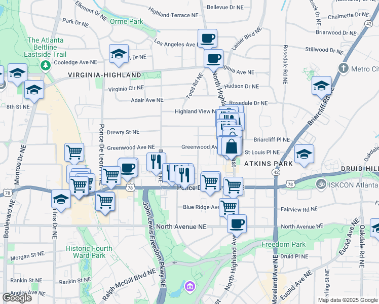 map of restaurants, bars, coffee shops, grocery stores, and more near 949 Greenwood Avenue Northeast in Atlanta
