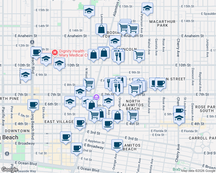 map of restaurants, bars, coffee shops, grocery stores, and more near 751 Cerritos Avenue in Long Beach