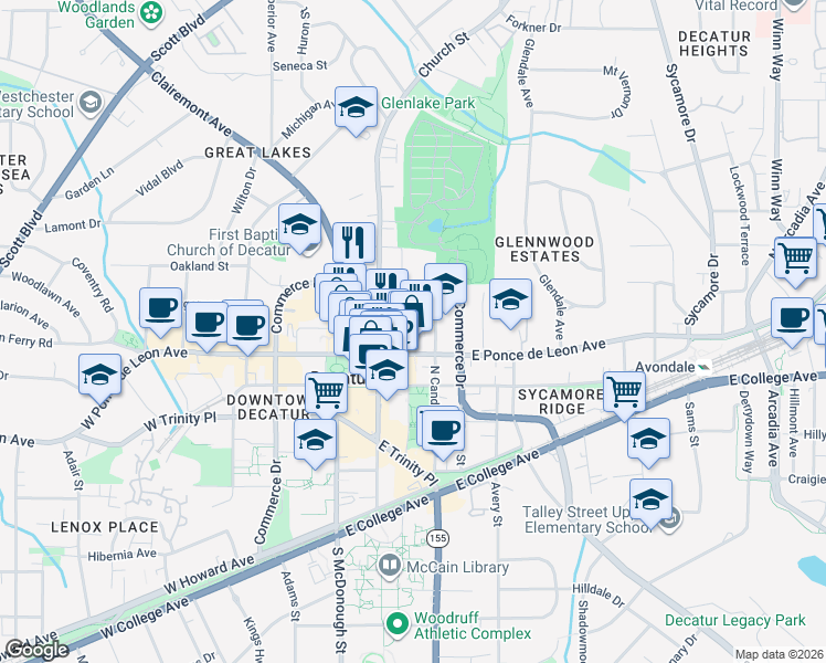 map of restaurants, bars, coffee shops, grocery stores, and more near 230 East Ponce de Leon Avenue in Decatur