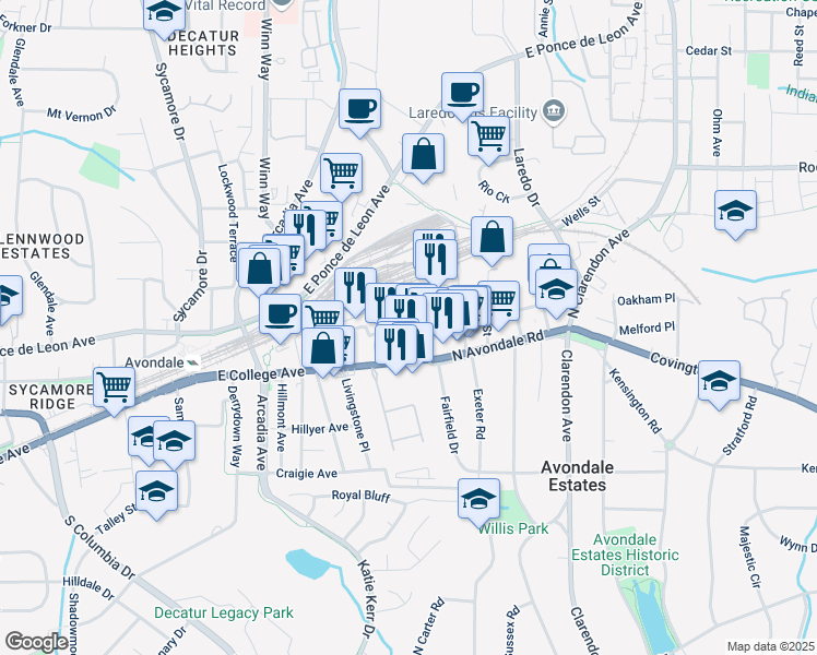 map of restaurants, bars, coffee shops, grocery stores, and more near 2834 Washington Street in Avondale Est