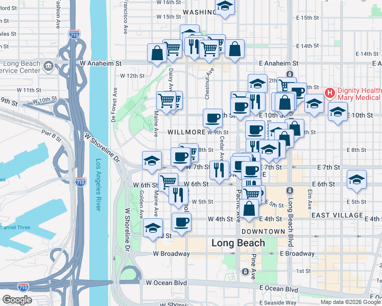 map of restaurants, bars, coffee shops, grocery stores, and more near 452 West 8th Street in Long Beach