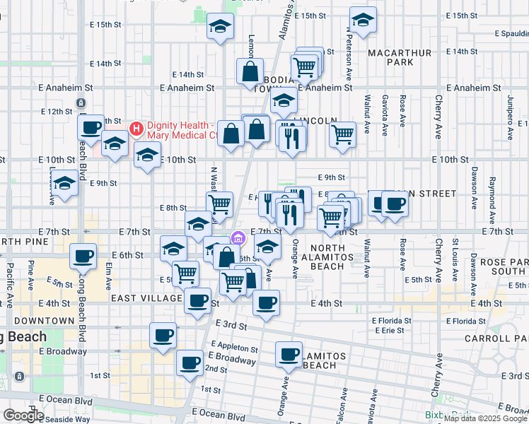 map of restaurants, bars, coffee shops, grocery stores, and more near 751 Cerritos Avenue in Long Beach