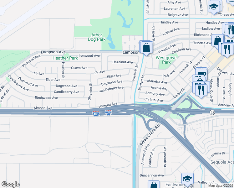 map of restaurants, bars, coffee shops, grocery stores, and more near 4801 Candleberry Avenue in Seal Beach