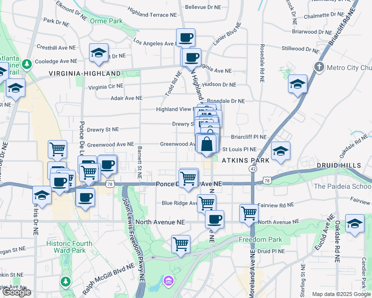 map of restaurants, bars, coffee shops, grocery stores, and more near 995 Greenwood Avenue Northeast in Atlanta
