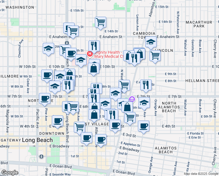 map of restaurants, bars, coffee shops, grocery stores, and more near 720 East 8th Street in Long Beach