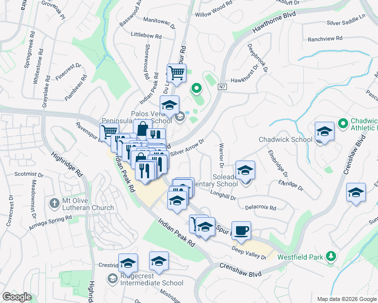 map of restaurants, bars, coffee shops, grocery stores, and more near 5148 Silver Arrow Drive in Rancho Palos Verdes