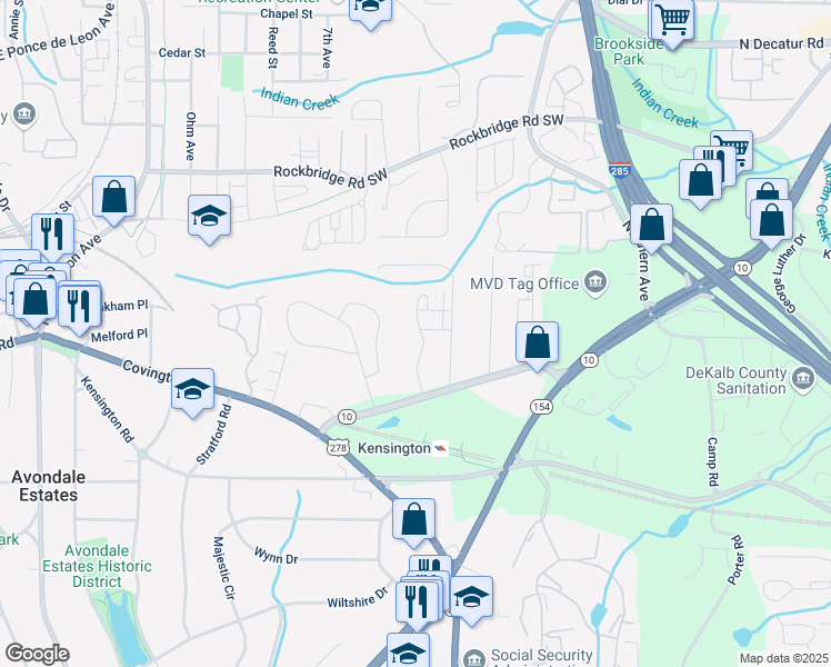 map of restaurants, bars, coffee shops, grocery stores, and more near 687 Avondale Creek Drive in Decatur