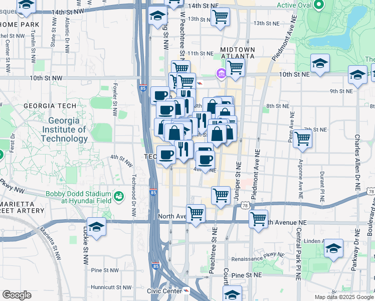 map of restaurants, bars, coffee shops, grocery stores, and more near 800 West Peachtree Street Northwest in Atlanta