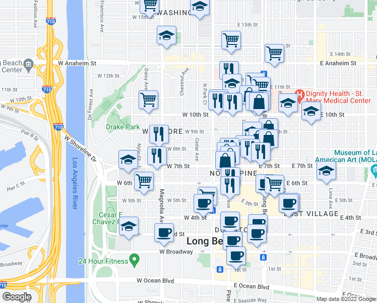 map of restaurants, bars, coffee shops, grocery stores, and more near 328 West 8th Street in Long Beach