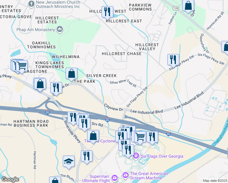 map of restaurants, bars, coffee shops, grocery stores, and more near 167 Silver Arrow Circle Southeast in Austell