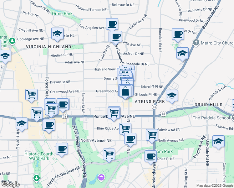 map of restaurants, bars, coffee shops, grocery stores, and more near 1016 Greenwood Avenue Northeast in Atlanta