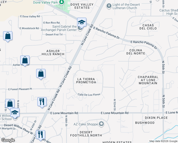 map of restaurants, bars, coffee shops, grocery stores, and more near 5004 East Cll De Los Arboles in Cave Creek