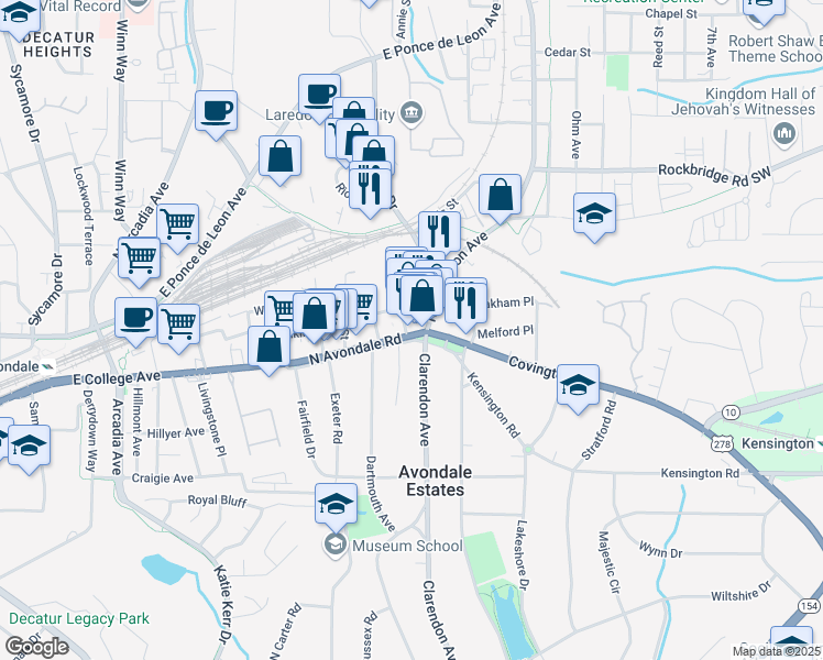 map of restaurants, bars, coffee shops, grocery stores, and more near 119 Center Street in Avondale Estates