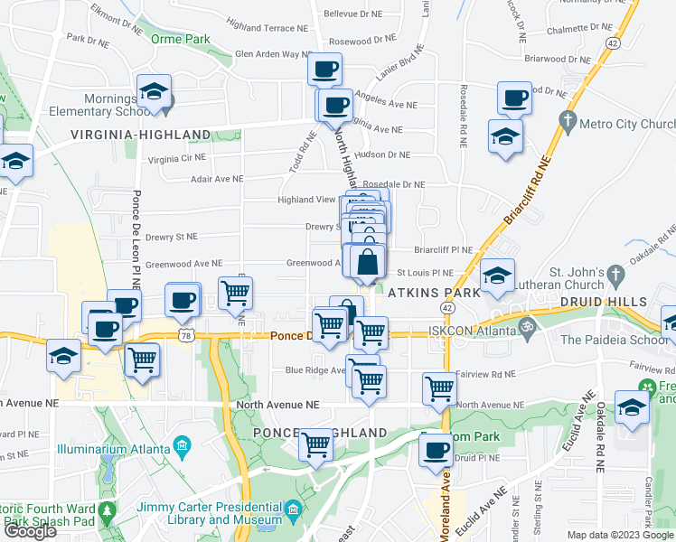 map of restaurants, bars, coffee shops, grocery stores, and more near 1015 Greenwood Avenue Northeast in Atlanta
