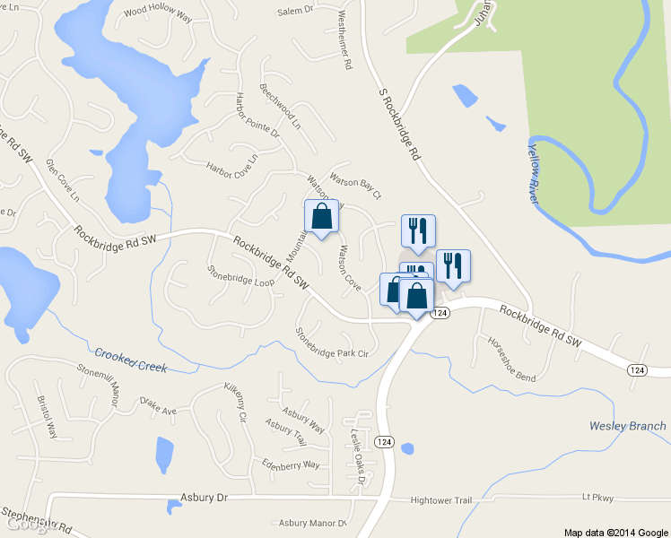 map of restaurants, bars, coffee shops, grocery stores, and more near 649 Watson Cove in Stone Mountain