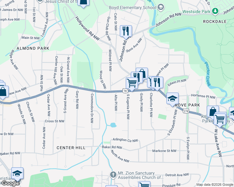 map of restaurants, bars, coffee shops, grocery stores, and more near 2165 Donald Lee Hollowell Parkway Northwest in Atlanta