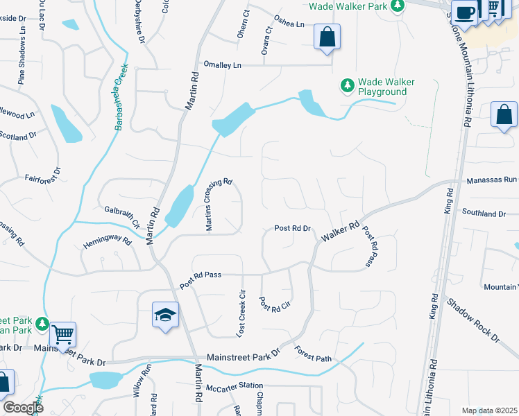 map of restaurants, bars, coffee shops, grocery stores, and more near 682 Leighton Way in Stone Mountain