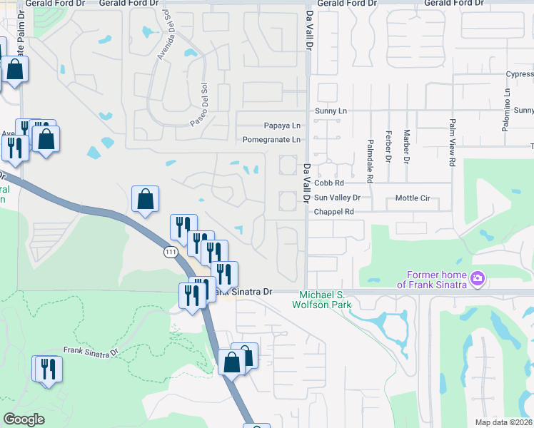map of restaurants, bars, coffee shops, grocery stores, and more near 364 Avenue Andorra in Cathedral City
