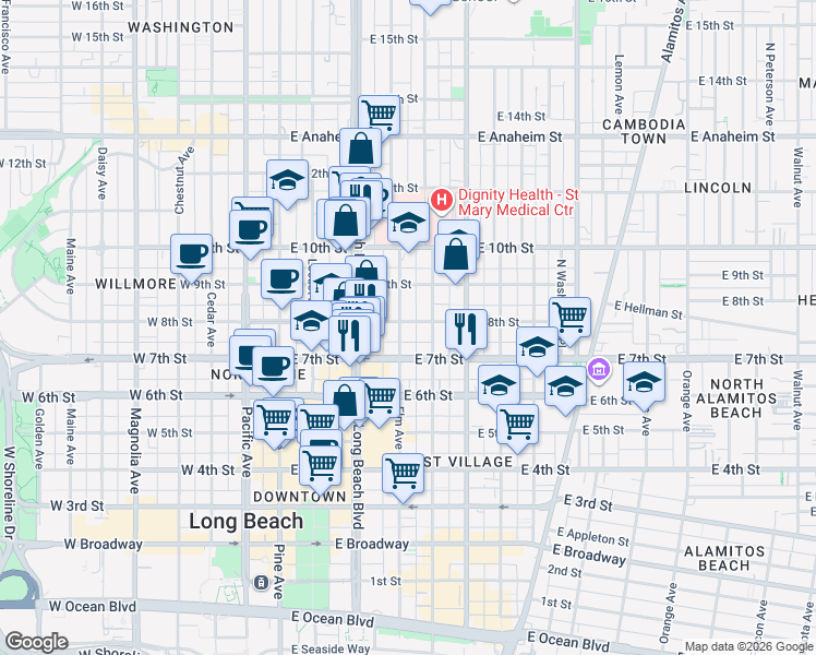 map of restaurants, bars, coffee shops, grocery stores, and more near 343 East 8th Street in Long Beach