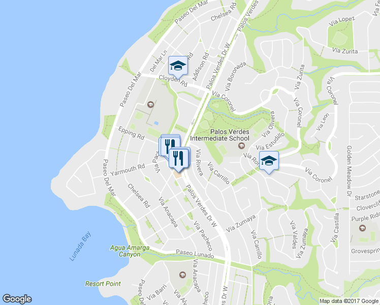 map of restaurants, bars, coffee shops, grocery stores, and more near 2116 Palos Verdes Drive West in Palos Verdes Estates