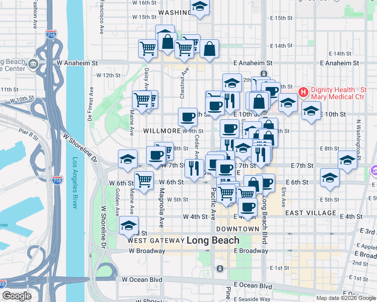 map of restaurants, bars, coffee shops, grocery stores, and more near 328 West 8th Street in Long Beach