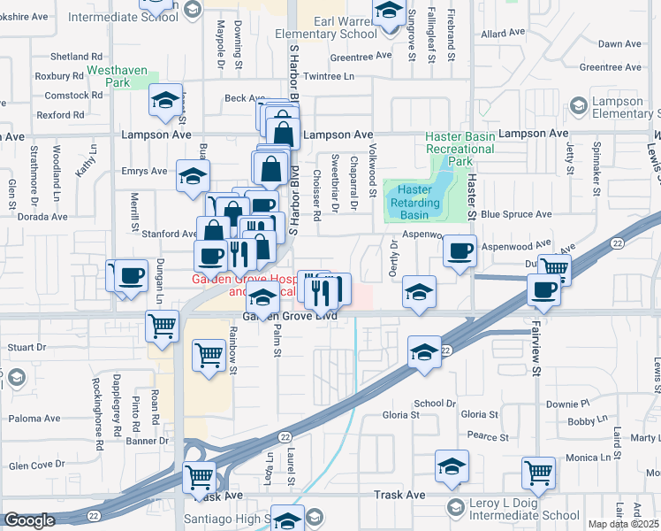 map of restaurants, bars, coffee shops, grocery stores, and more near 12854 Palm Street in Garden Grove