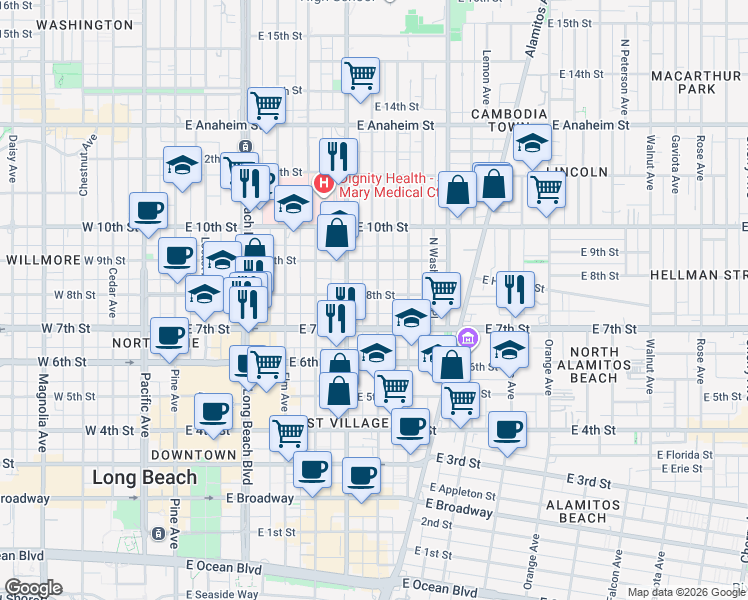 map of restaurants, bars, coffee shops, grocery stores, and more near 820 Lime Avenue in Long Beach