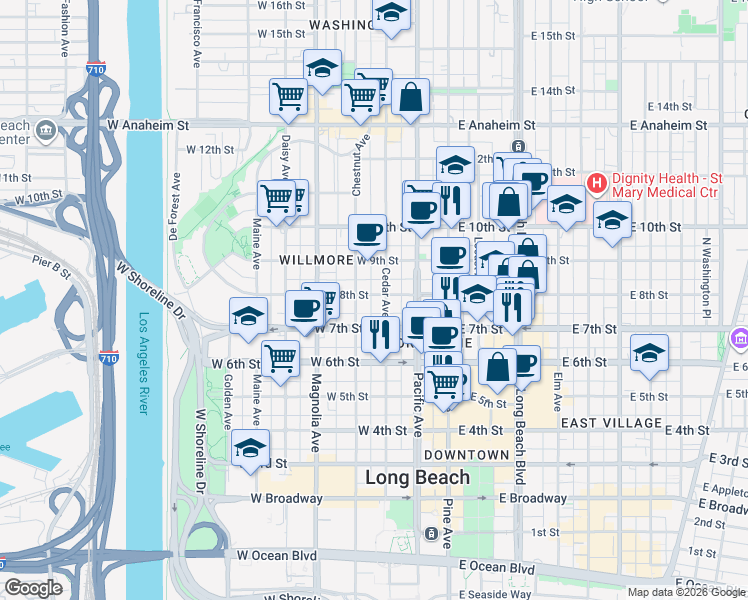 map of restaurants, bars, coffee shops, grocery stores, and more near 819 Cedar Avenue in Long Beach