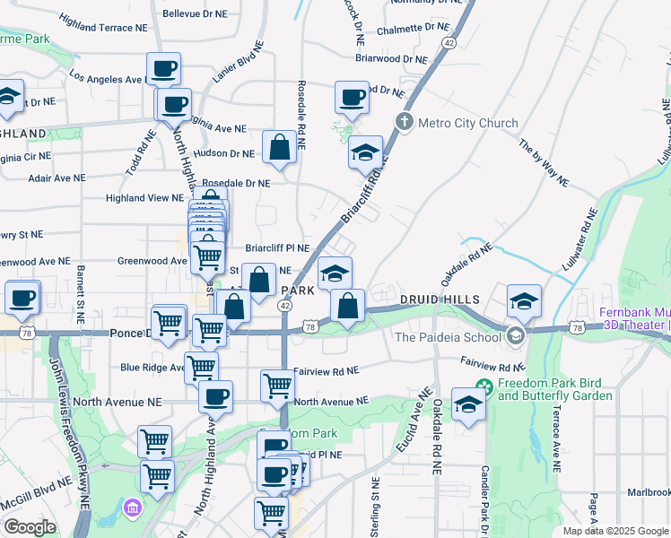 map of restaurants, bars, coffee shops, grocery stores, and more near 1231 Lullwater Park Circle in Atlanta