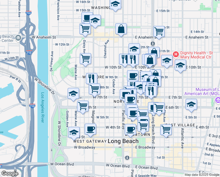 map of restaurants, bars, coffee shops, grocery stores, and more near 819 Cedar Avenue in Long Beach