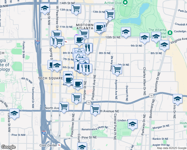 map of restaurants, bars, coffee shops, grocery stores, and more near 800 Piedmont Avenue Northeast in Atlanta