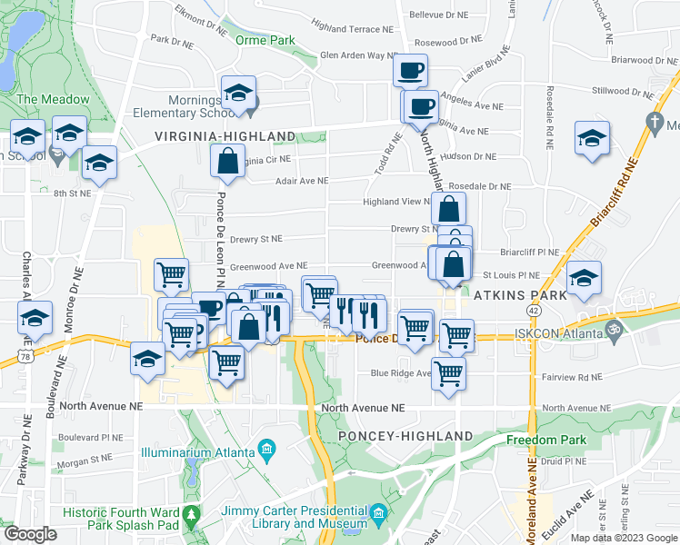 map of restaurants, bars, coffee shops, grocery stores, and more near 893 Greenwood Avenue Northeast in Atlanta