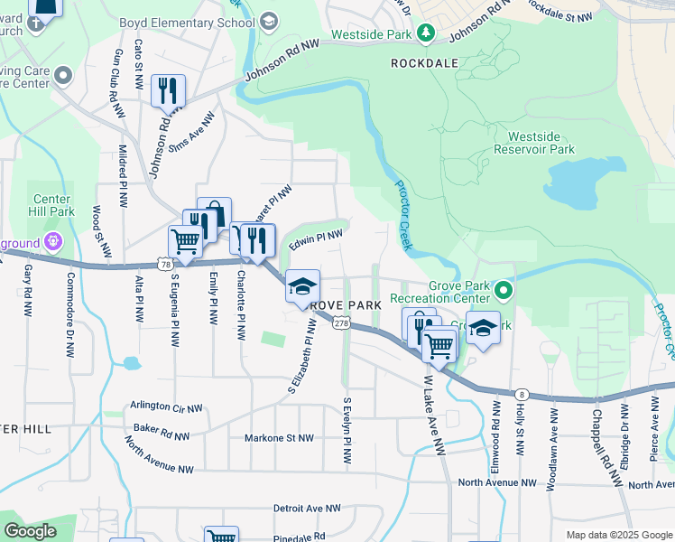 map of restaurants, bars, coffee shops, grocery stores, and more near 780 North Evelyn Place Northwest in Atlanta