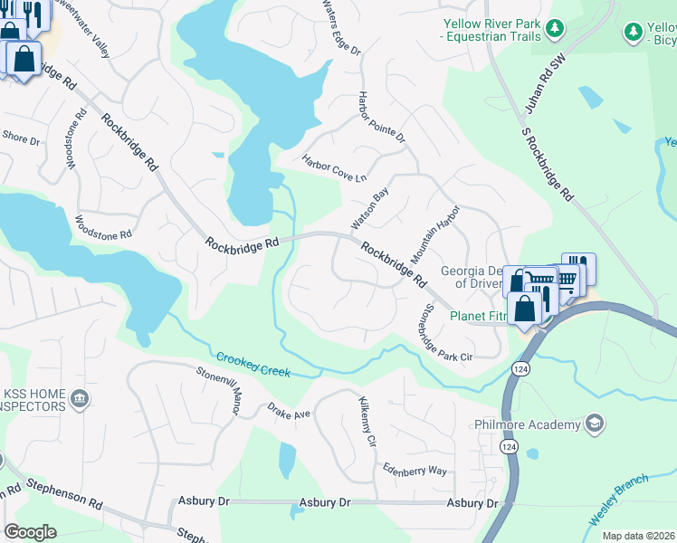 map of restaurants, bars, coffee shops, grocery stores, and more near 628 Ridge Way in Lithonia