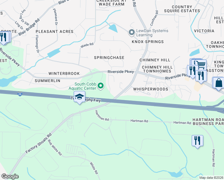 map of restaurants, bars, coffee shops, grocery stores, and more near 7243 Crestside Drive in Austell